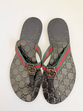Gucci Black Lifford GG web Thong Fabric leather sandals 40